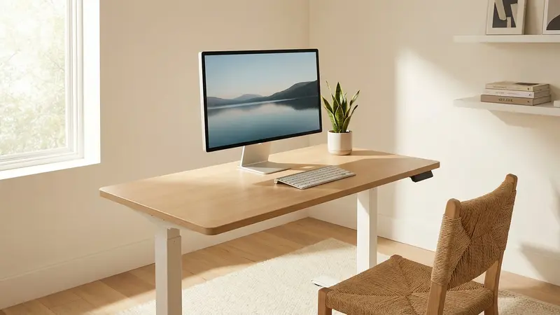 A clean, minimal home office setup with a standing desk
